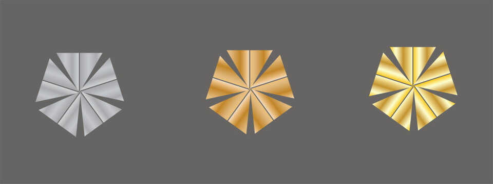 gold, bronze, and silver polygonal award shapes with eight-point symmetry on dark background, abstract metallic design elements for ranking, achievement, honor, decoration, and digital interface graph