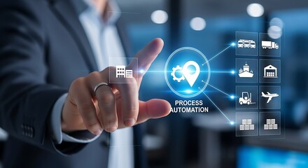 Businessman using a futuristic interface for supply chain process automation and logistics management.