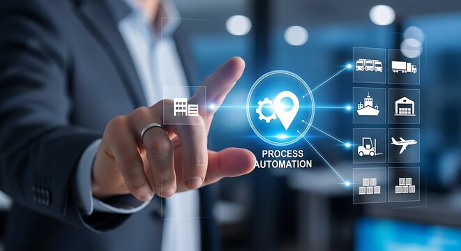 Businessman using a futuristic interface for supply chain process automation and logistics management.