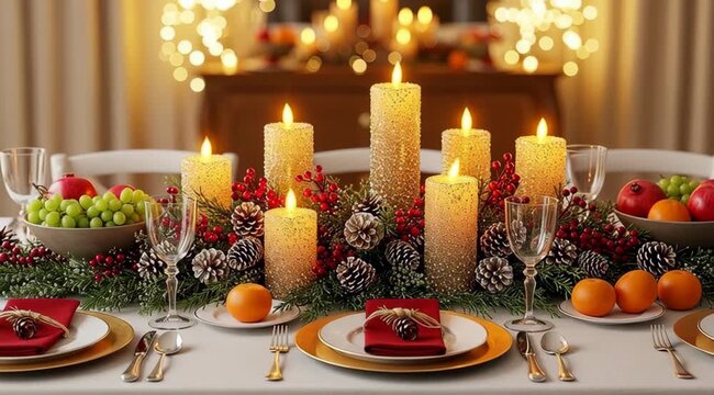 A decorated table with candles, plates, and holiday decor is set for a festive meal.
