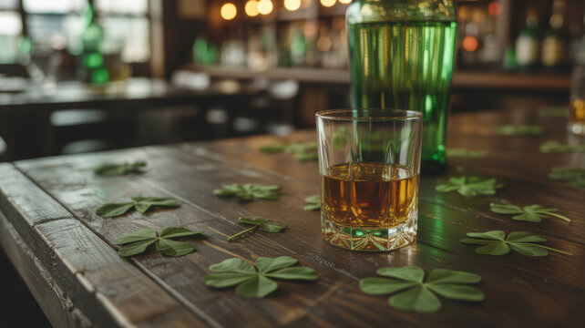 Irish Whiskey Glass with Shamrocks on Wooden Pub Table for St. Patrick’s Day Celebration