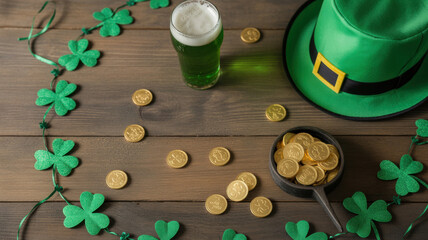 St. Patrick’s Day Green Beer with Shamrocks, Leprechaun Hat, and Gold Coins on Rustic Table