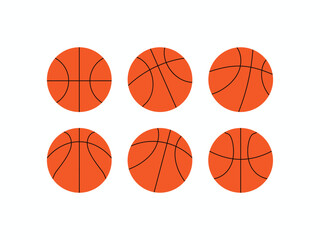 Set of six orange basketballs with black seams, simple vector illustration for sports, games, and recreation