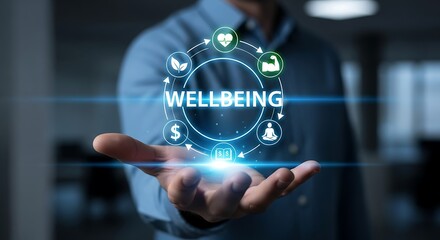 Businessman holding a glowing digital interface for holistic wellbeing.