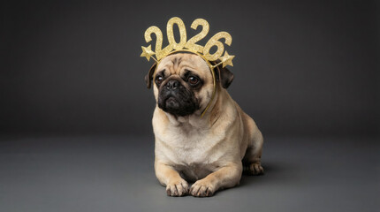 Obraz premium Adorable Pug Dog Wearing 2026 Golden Glitter Tiara Celebrating New Year