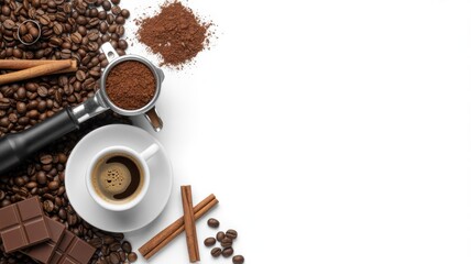 Coffee beans, ground espresso, and cinnamon sticks with hot beverage on white
