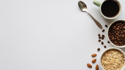 Coffee mug, spoon, coffee beans, oats, and almonds neatly arranged on a minimalist white background.