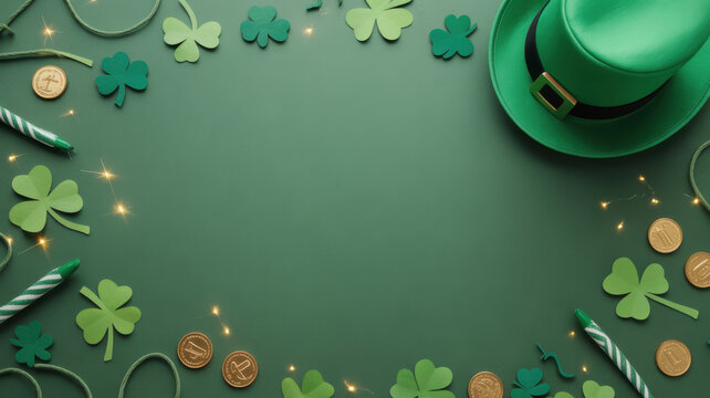 St. Patrick’s Day Green Background with Shamrocks, Leprechaun Hat, Gold Coins, and Sparkle Decor