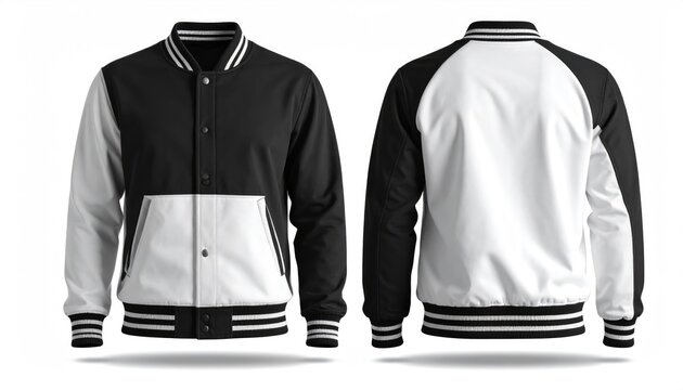 Front and back view of a stylish black and white varsity jacket, perfect for showcasing fashion and apparel design.