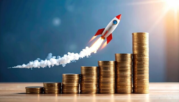 A soaring rocket blasts off from a staircase of golden coins, symbolizing rapid growth and financial success in a vibrant, dynamic image. 