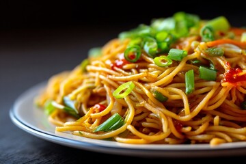 Delicious asian noodles with fresh green onions on a plate