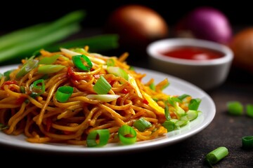 Delicious plate of savory noodles with fresh green onions and vegetables