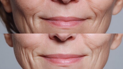 Fototapeta premium before-after close-up of smile lines, mild wrinkles reduced, natural skin glow
