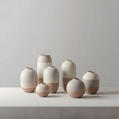 Minimal ceramic vase arrangement in soft neutral tones placed on a clean surface with gentle lighting, showcasing modern interior decor and refined contemporary design aesthetics