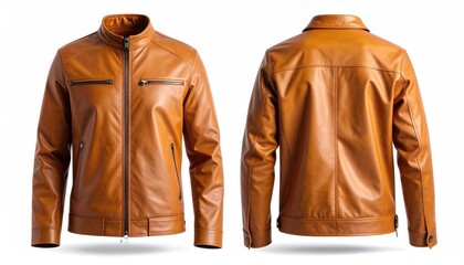 An elegant tan leather jacket, showcasing the front and back design. The jacket exudes sophistication and classic style.