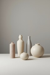 Minimal ceramic vase arrangement in soft neutral tones placed on a clean surface with gentle lighting, showcasing modern interior decor and refined contemporary design aesthetics