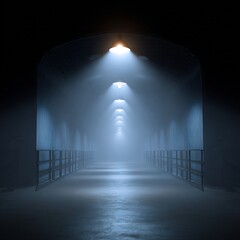 Mysterious blue light illuminates a dark futuristic tunnel with repeating arches
