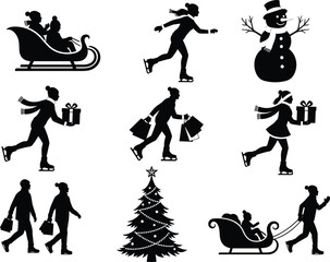 Winter Christmas Holiday Vector Silhouettes Set, Snowman, Ice Skating, Shopping, Sleigh Riding, and Decorated Pine Tree Graphics Collection, Seasonal Icons.