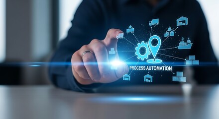 Businessman interacting with a futuristic interface for process automation and workflow optimization.