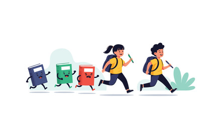 Obraz premium Happy diverse children with backpacks and pencils run alongside cheerful animated books, symbolizing the joy of learning and going to school.
