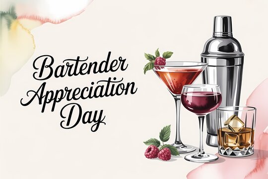Illustration of watercolor illustration celebrating bartender appreciation day with cocktail glass, shaker, and raspberry garnish - Powered by Adobe