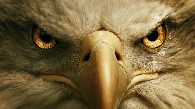 Majestic eagle close up portrait with intense amber and golden eyes, textured feather detail, sharp hooked beak, powerful raptor bird gaze close up