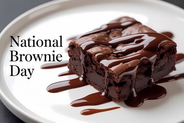 Illustration of delicious chocolate brownie square topped with rich fudge sauce served on a white plate for national brownie day celebration