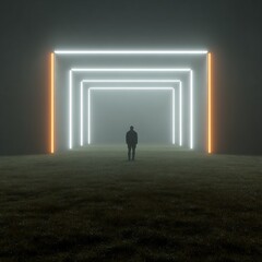 Lone figure walks through a glowing futuristic tunnel of light