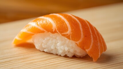 Fresh handcrafted salmon nigiri sushi presented on a clean wooden surface with soft lighting, showcasing premium fish texture and minimalist Japanese cuisine aesthetic