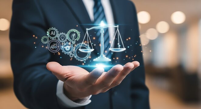 Businessman holding a glowing digital scales of justice and gears hologram.