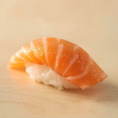 Fresh handcrafted salmon nigiri sushi presented on a clean wooden surface with soft lighting, showcasing premium fish texture and minimalist Japanese cuisine aesthetic