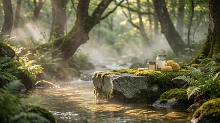 Natural rock podium with green moss in misty forest stream for organic product display background