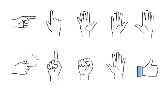 A collection of simple outline illustrations depicting various hand gestures, including pointing, raising a finger, open palm, fist, and thumbs up.