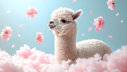 Fototapeta premium Adorable fluffy white alpaca surrounded by pink clouds and falling cherry blossom flowers.