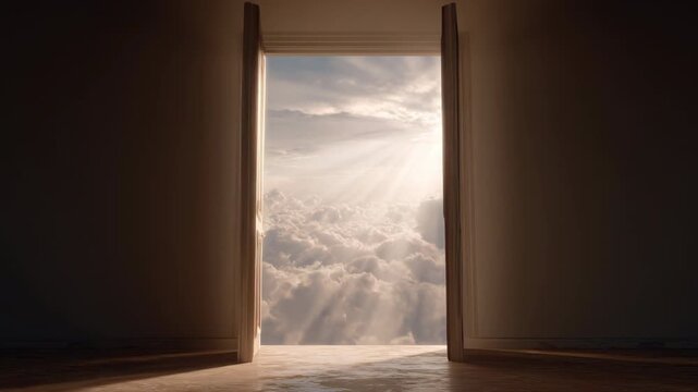 Open wooden door revealing sunlit clouds and rays, serene heavenly sky beyond inviting peaceful hope and wonder through open wooden doorway