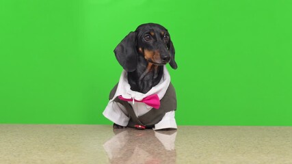 black and tan dachshund dressed in tuxedo shirt with pink bow tie sit behind countertop against vibrant green background, facing forward with alert posture and catches the treat that was thrown to her
