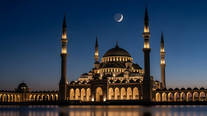 Fototapeta premium Majestic Mosque at Twilight with Crescent Moon and Reflection