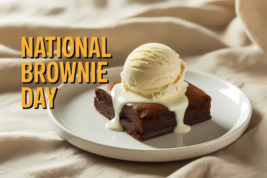 Illustration of delicious chocolate brownie dessert topped with vanilla ice cream scoop and sauce for national brownie day celebration
