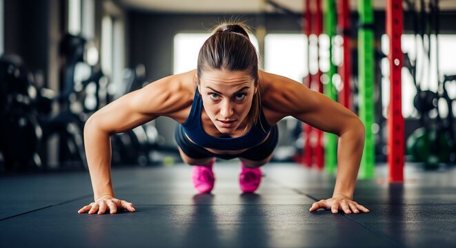 A woman doing a push-up in a brightly lit gym, wearing a dark athletic outfit and pink shoes, with blurred gym equipment in the background.