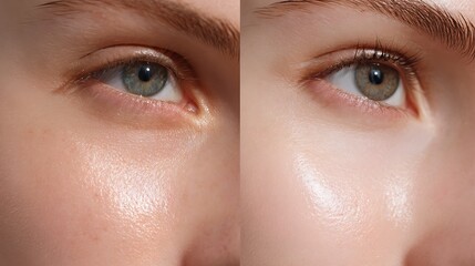 Fototapeta premium macro split view of cheek with large pores before vs refined smooth pores after,