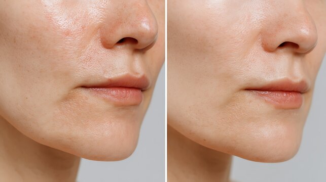 chin area large pores before-after macro comparison, smoother texture improvement