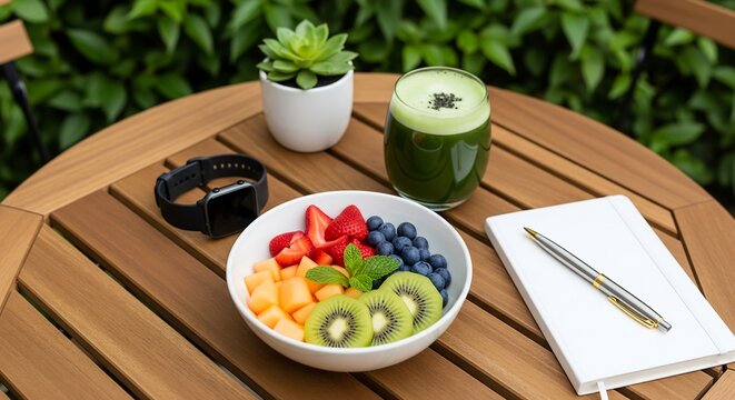 A wooden table with a bowl of mixed fruit, green smoothie, smartwatch, succulent, and notebook with a pen.