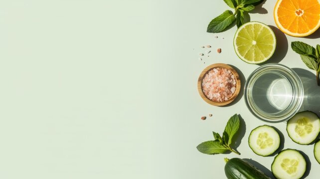 Fresh ingredients for a healthy detox drink including cucumber mint lime and orange