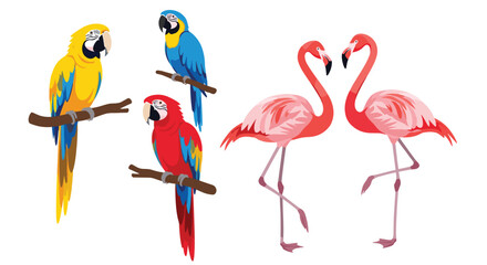 A vibrant collection of exotic tropical birds featuring three colorful macaw parrots and a pair of pink flamingos in love.