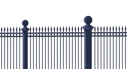 A classic and elegant section of a black wrought iron fence with decorative posts and sharp spear-like tops.