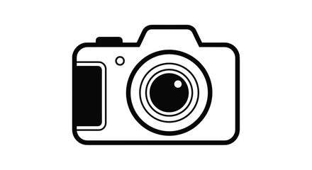 A simple bold black and white line art icon of a generic digital camera for photography or picture-related applications.