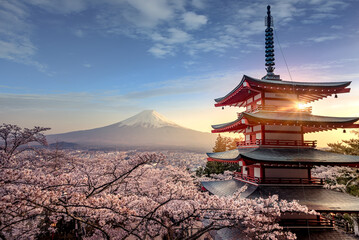 Fujiyoshida, Japan Beautiful view of mountain Fuji and Chureito pagoda at sunset, japan in the...