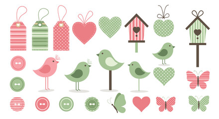 A charming collection of vintage-inspired scrapbook elements featuring birds butterflies and hearts in soft pink and green hues.