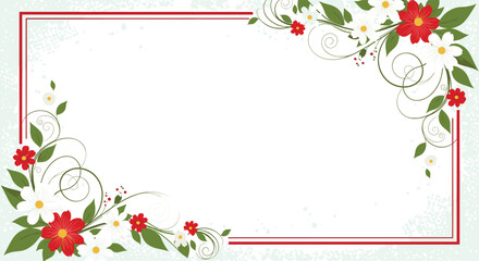 Elegant rectangular floral frame with red and white flowers and green swirling vines perfect for invitations or greeting cards.