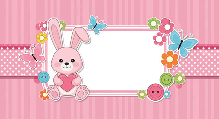 Adorable baby girl announcement card with a cute pink bunny holding a heart and a decorative frame on a striped background.